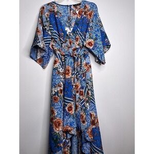 𝅺BLUEHEAVEN Boutique Hi Low Maxi Dress VNeck Sz Small Blue Caribbean